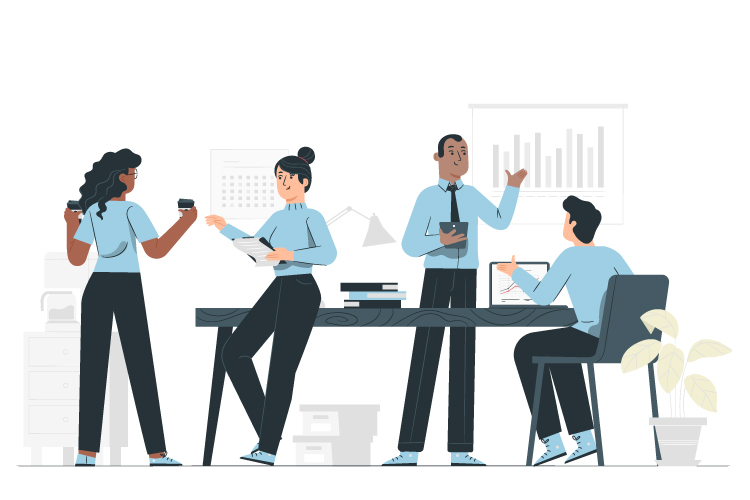 Illustration d’une équipe en réunion, collaborant autour d’un bureau avec des documents et ordinateurs, symbole de communication et de performance au travail.