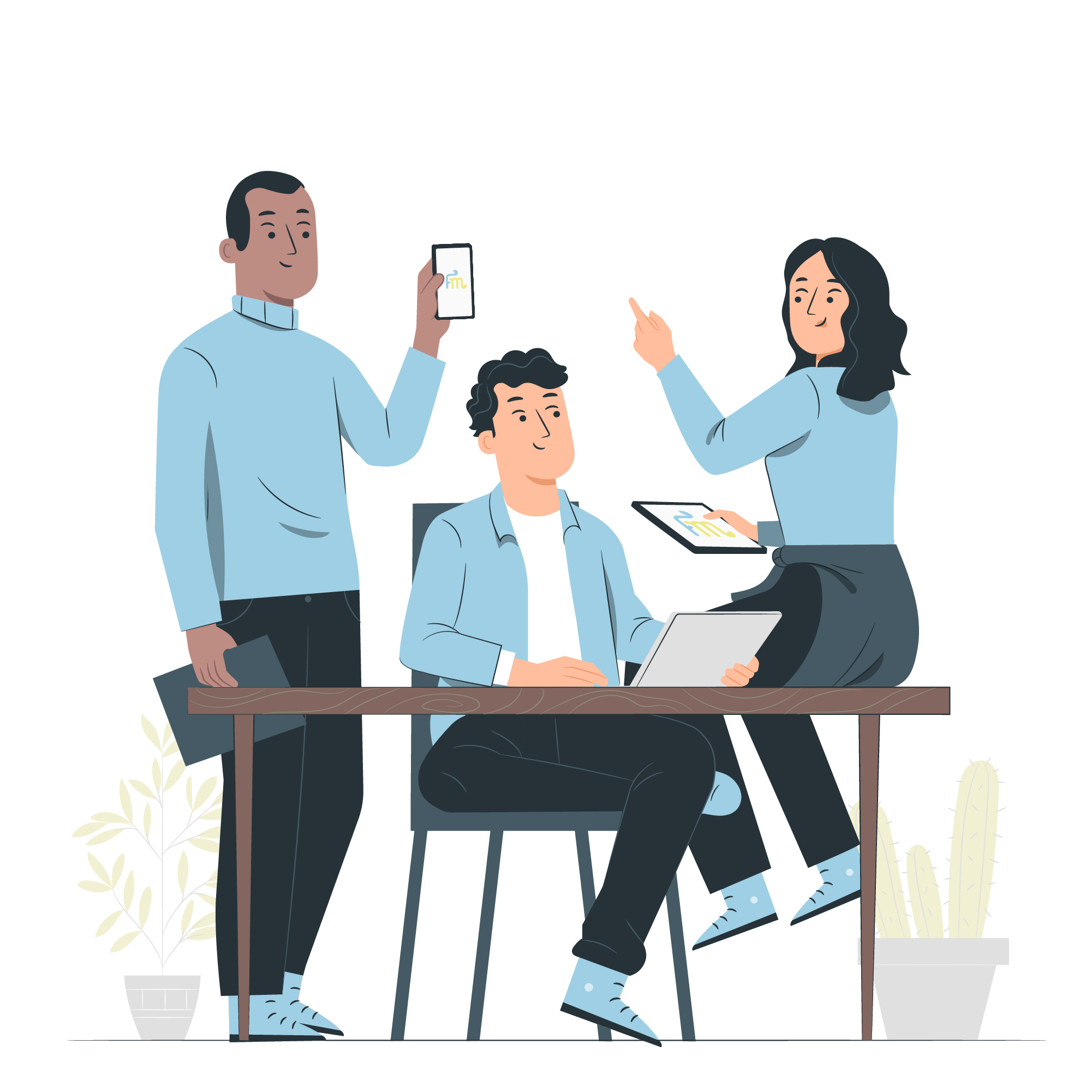 Illustration de trois personnes collaborant autour d’une table avec des appareils numériques affichant le logo Happiness FM, symbole de bien-être et de qualité de vie au travail.